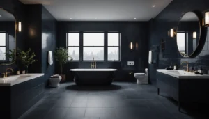 salle de bain avec carreaux foncés