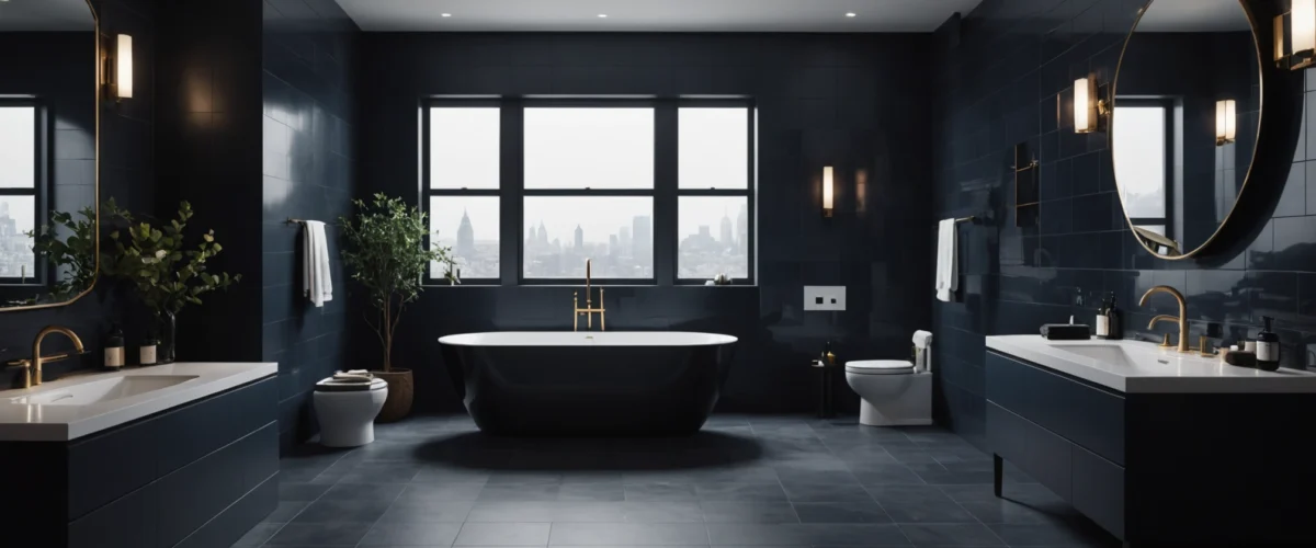 salle de bain avec carreaux foncés